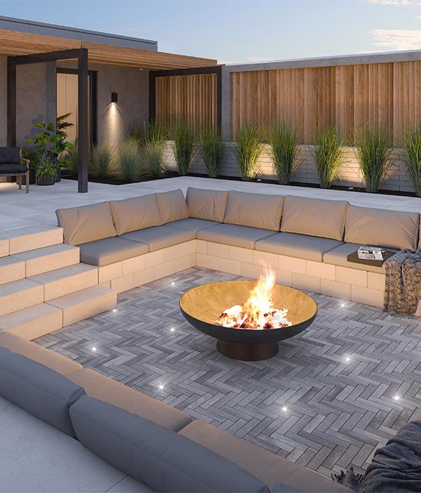 Techo bloc de estilo patio trasero firepit adoquines losas paredes tapas gris moderno 5