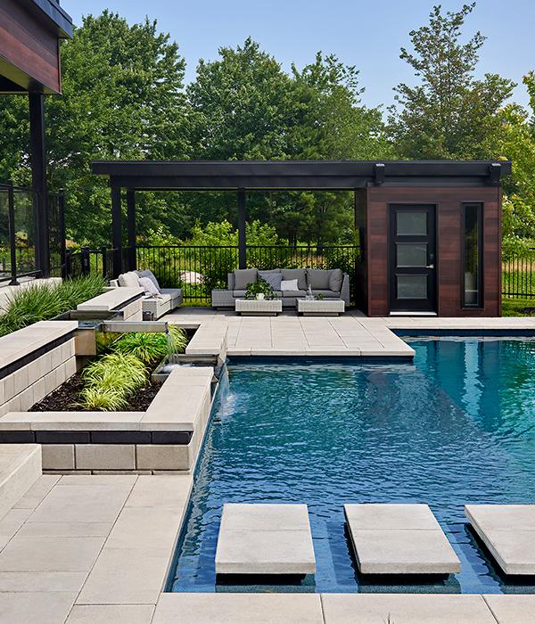 Techo bloc by espacio bordes de piscinas patio trasero losas tapas paredes gris negro 5