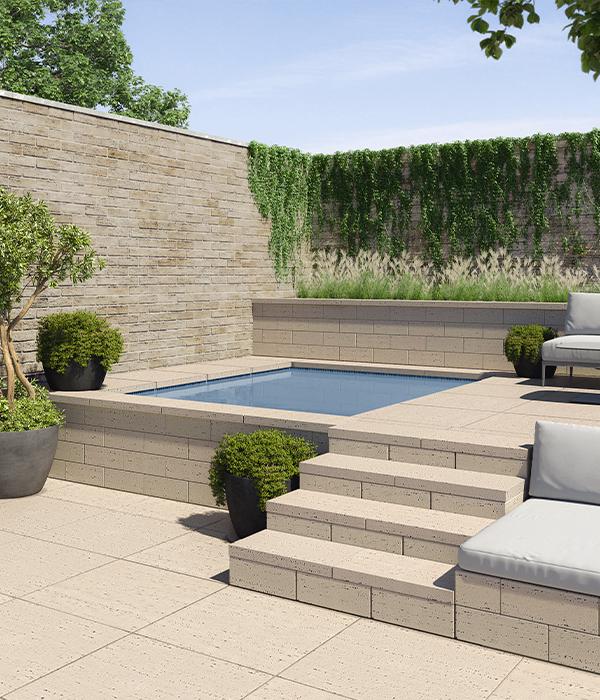 Techo bloc by espacio bordes de piscinas patio trasero losas tapas paredes travertina beige 4