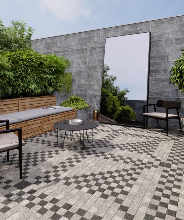 Pilares forma azotea patio banco adoquines gris negro imagen2